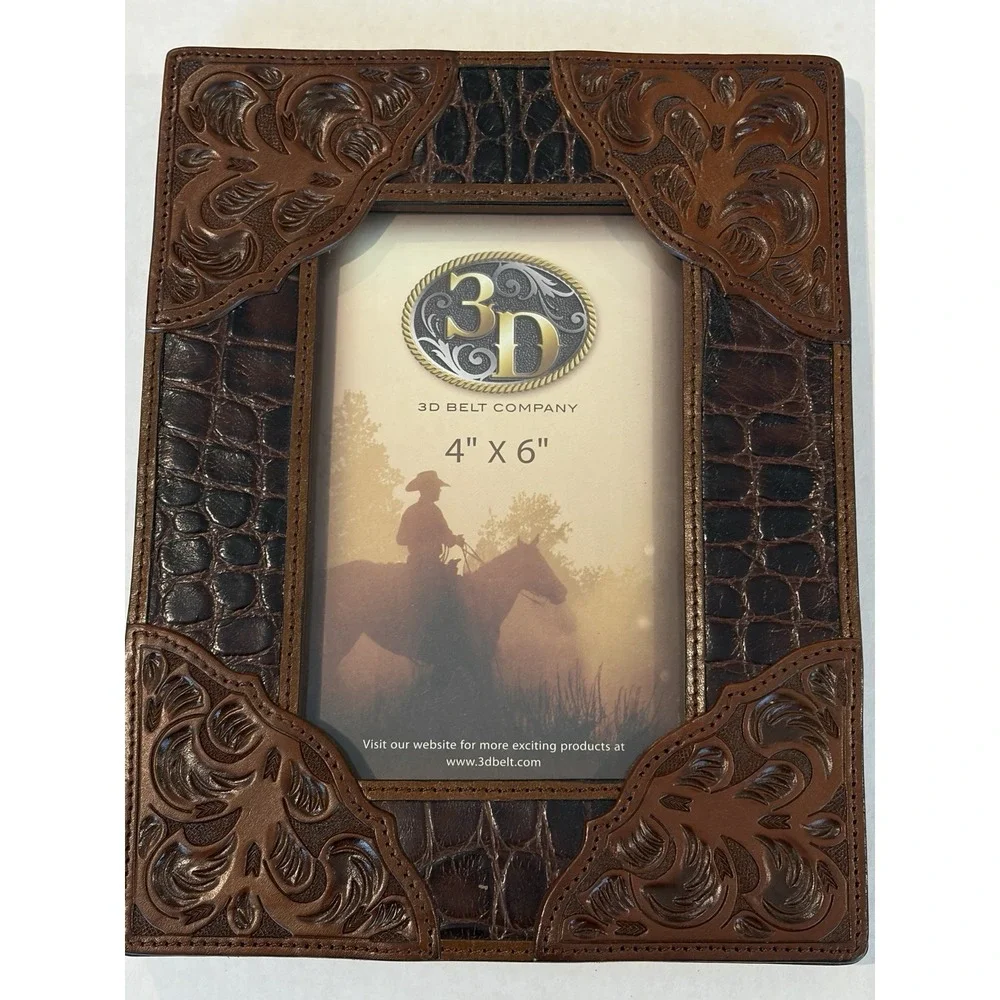 3D Belt Co Leather Western Tooled Croc Inlay 4x6 Photo Frame Brown